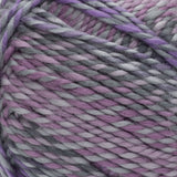 Swatch of Red Heart Gemstone yarn in shade amethyst (light to medium faded purples and grey colourway with twists)