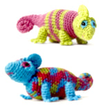 Completed Amigurumi chameleons (green/pink chameleon and blue/multi chameleon)