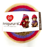 Amigurumi 4 colour yarn wheel (hedgehog) beige and brown for hedgehog, pink and purple for their hats/scarves