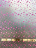 Flat swatch grey reflective fabric with tiny pink heart doodles tossed allover