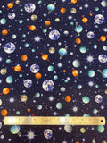 Flat swatch knit material in space brushed blue (space sky with planets and stars on deep blue)