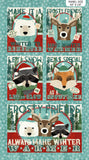 Full panel swatch - Frosty Friends Panel (43" x 24") (pale teal marbled look vertical rectangle panel with white snowflake background collage, 4 small squares and 1 large rectangle showing cartoon forest friends: polar bear, deer, racoon, fox, group wearing winter hats with "Frosty Friends" and Christmas related text)