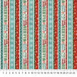 Flat swatch Snow Days Stripe fabric (vertical stripes in white, pale teal, teal, red, with snowflakes and stripes and holiday themed words "let it snow" etc. in holiday fonts)