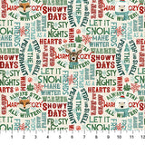 Flat swatch Word Collage fabric (off white fabric with collaged text allover related to Christmas and winter "let it snow" "frosty nights" "snowy days" etc. in red, green, teal, blue text with occasional woodland/forest friends cartoon style wearing winter accessories: fox, polar bear, dear, raccoon) 