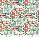 Flat swatch Word Collage fabric (off white fabric with collaged text allover related to Christmas and winter "let it snow" "frosty nights" "snowy days" etc. in red, green, teal, blue text with occasional woodland/forest friends cartoon style wearing winter accessories: fox, polar bear, dear, raccoon)