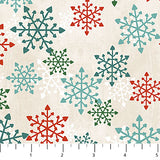 Flat swatch Big Snowflakes fabric (off white fabric with large tossed snowflakes in white, pale teal, teal, red, and green)