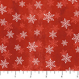 Flat swatch Small Snowflakes Red fabric (red marbled look fabric with tossed white and pale red snowflakes allover)
