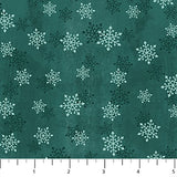 Flat swatch Small Snowflakes Teal fabric (teal marbled look fabric with tossed white and dark teal snowflakes allover)