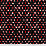 Flat swatch Peppermint Stars Black fabric (black fabric with tossed red and white circular candy mints and red stars allover)