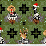 Flat swatch Buck, Buck, Goose Green fabric (green fabric with assorted animals in christmas sweaters: dog, goose, deer with grey greenery and pinecones beneath, tossed black crosses/stars, etc.)
