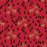 Flat swatch Road Trip Red fabric (red fabric with tossed black tree resembling triangles and tossed brown small deer family)