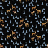 Flat swatch Road Trip Navy fabric (navy/black fabric with tossed blue tree resembling triangles and tossed brown small deer family)