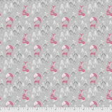 Square swatch Foxes Gray fabric (grey fabric with tossed white snow dots and white/grey trees allover with tossed pink foxes in various poses)