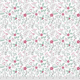 Square swatch Holly White fabric (white fabric with tossed greenery and sprigs allover with red holly berries and floral heads)