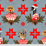 Flat swatch Buck, Buck, Goose Grey fabric (grey/blue fabric with assorted animals in christmas sweaters: dog, goose, deer with greenery and pinecones beneath, tossed red crosses/stars, etc.)