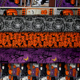Group swatch assorted Spooky Night (halloween) themed fabrics in various styles/colours