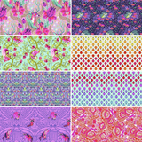 Group swatch assorted Tiny Beasts themed fabrics in various styles/colours