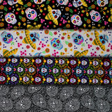 Group swatch The Day of the Dead themed fabrics in various colours/styles