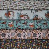 Group swatch assorted cat themed fabrics in various styles/colours