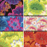 Group swatch lake blossoms floral printed fabric in various colours