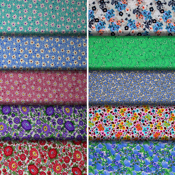 Group swatch assorted floral themed fabrics in various styles/colours