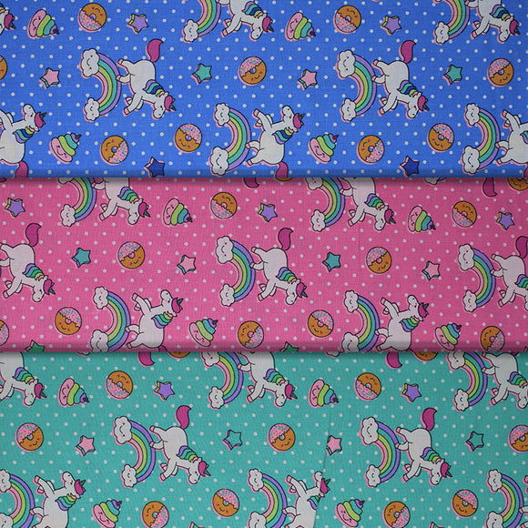Group swatch unicorns & donuts themed fabrics in various colours