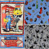 Group swatch assorted Mister Mechanic themed fabrics in various styles/colours