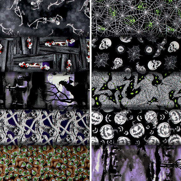 Group swatch assorted Hocus Pocus (Halloween, Spooky) themed fabrics in various styles/colours