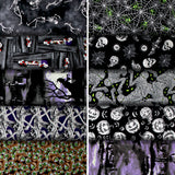 Group swatch assorted Hocus Pocus (Halloween, Spooky) themed fabrics in various styles/colours