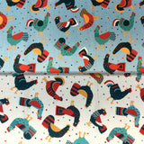 Group swatch cartoon chicken printed fabric in blue and beige backgrounds