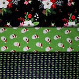 Group swatch assorted Holly Holiday themed fabrics in various styles/colours