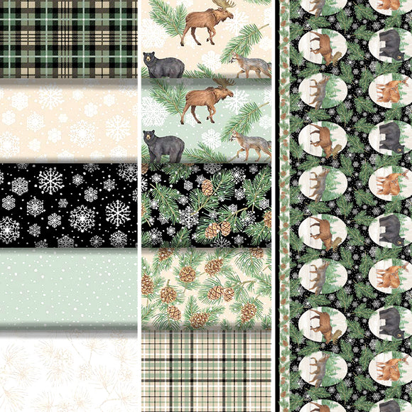 Group swatch assorted Frosted Forest Flannel fabrics in various styles/colours