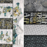 Group swatch assorted journey themed fabrics in various styles/colours