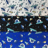Group swatch cartoon UFO and aliens printed fabric in various colours