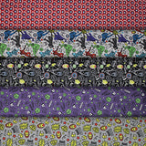 Group swatch licensed Avengers (Marvel) doodle style fabrics in various styles/colours