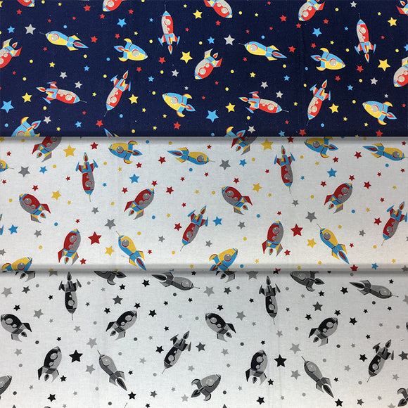 Group swatch cartoon rocketships and stars fabric in various colours