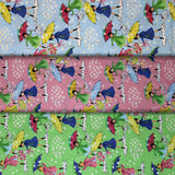Group swatch mae flowers scene printed fabric in various colours
