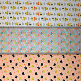 Group swatch assorted On a Roll (sushi) themed fabrics in various styles/colours