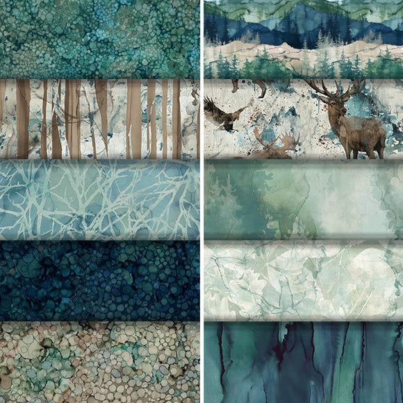 Group swatch of assorted whispering pines fabrics from Northcott