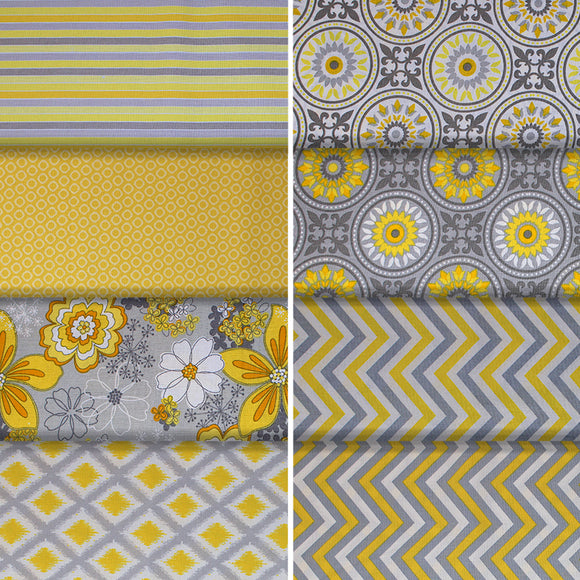 Group swatch assorted Sunshine themed fabrics in various styles/colours