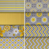 Group swatch assorted Sunshine themed fabrics in various styles/colours