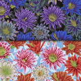 Group swatch assorted Cactus Flower themed print fabrics in various colours