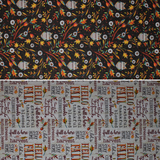 Group swatch assorted Hello Fall themed fabrics in various styles/colours