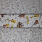 Group swatch musical themed printed fabrics in a variety of styles