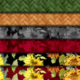 Group swatch assorted Flowers of the Sun themed fabrics in various styles/colours