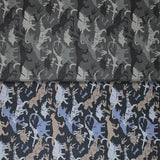 Group swatch assorted camo dinosaur printed fabrics in various styles