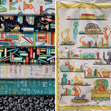 Group swatch assorted Purrfect Day (cat) themed fabrics in various styles/colours