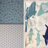 Group swatch assorted Riptide (shark) themed fabrics in various styles/colours
