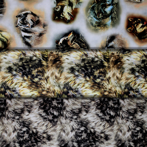 Group swatch assorted Majestic Wolves themed fabrics in various styles/colours