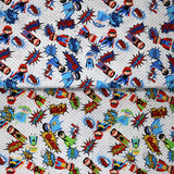 Group swatch of cartoon superhero print pattern in various colours